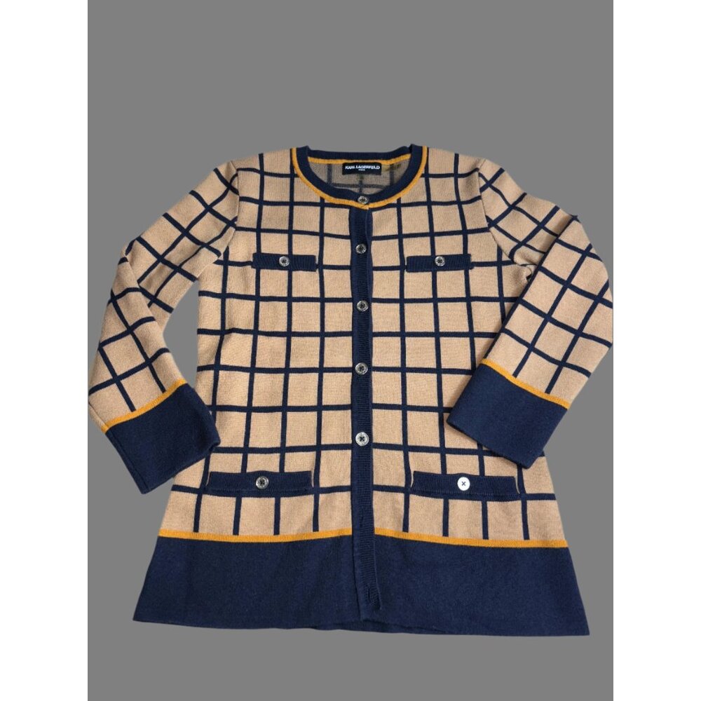 Karl Lagerfeld‎ Windowpane Print Cardigan with Faux Pockets